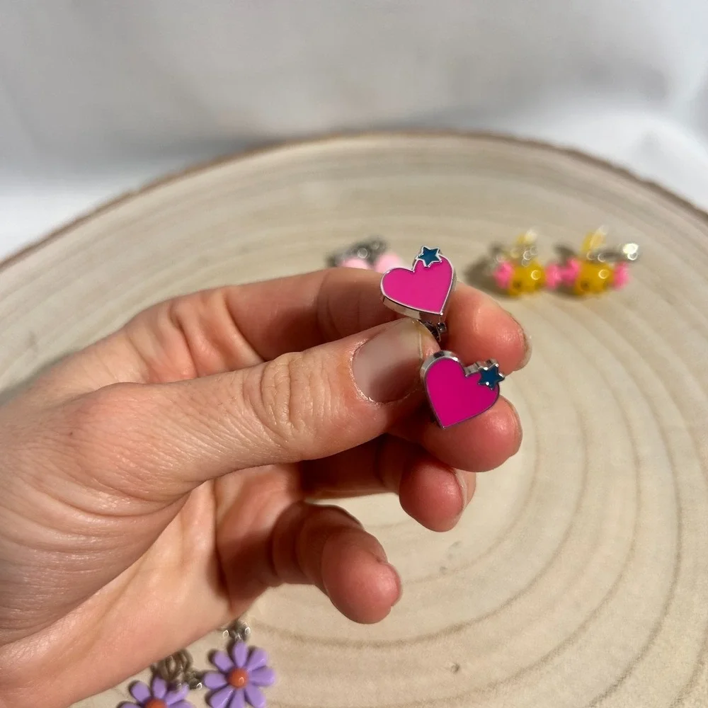 Girls Clip On Earring Lot Of‎ 6 Pair | Axolotls Flowers Macarons Hearts Stars